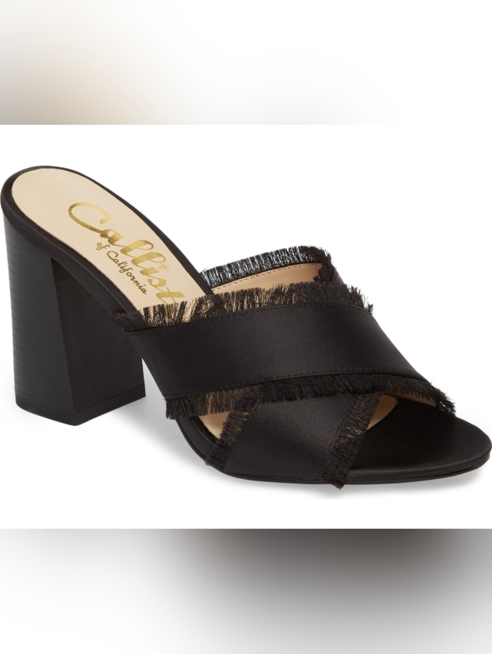 Callisto Monakko Black Fringe Block-Heel Sandal Mule